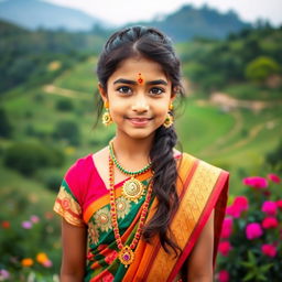 A beautiful Indian girl with traditional attire, adorned with colorful jewelry and a bindi on her forehead, standing in a picturesque landscape with lush greenery and vibrant flowers