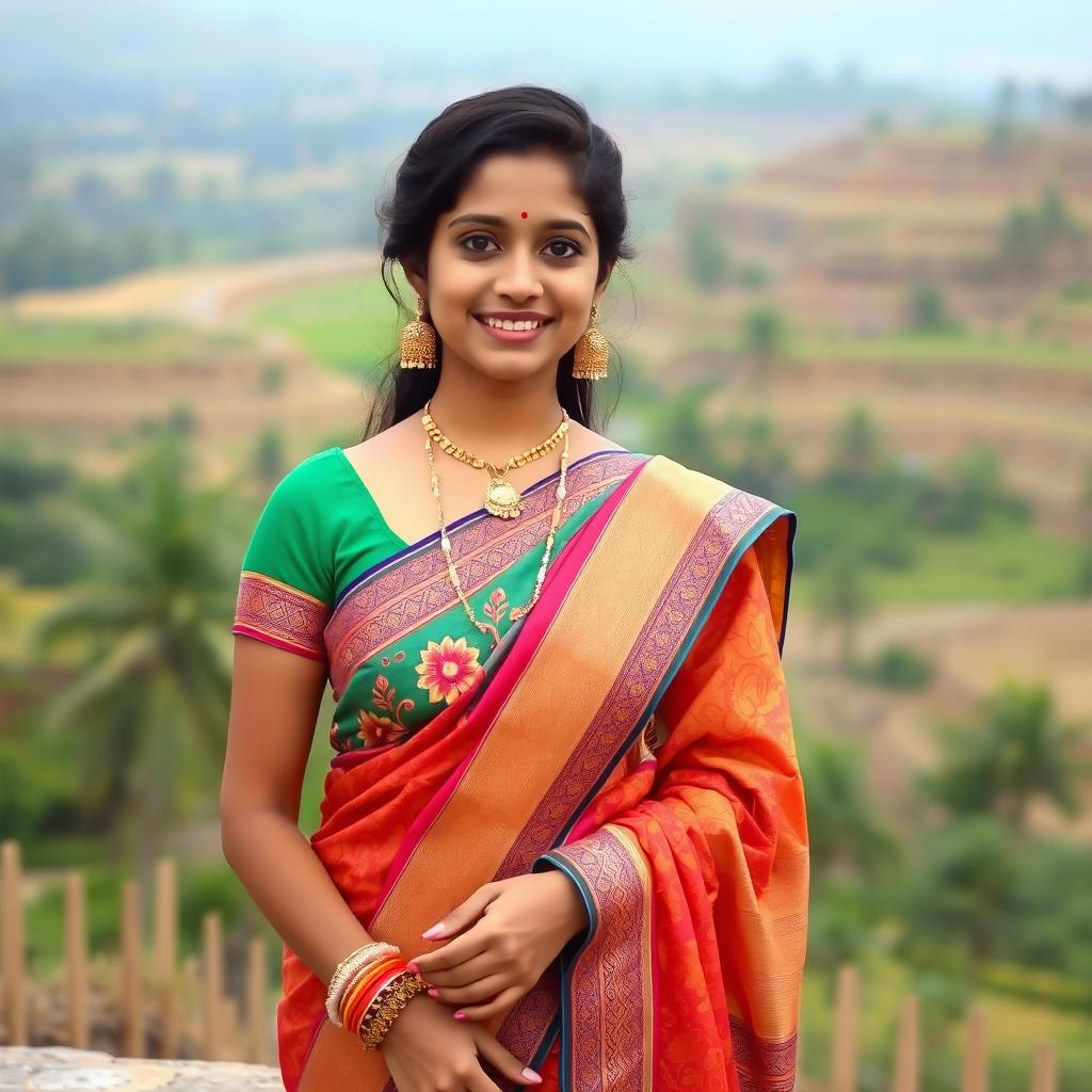 A beautiful Indian girl wearing a traditional saree, standing gracefully with an elegant smile