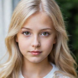 A portrait of a beautiful, blonde-haired girl with sparkling brown eyes.