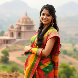 A beautiful Indian girl wearing a traditional saree, standing gracefully with an elegant smile