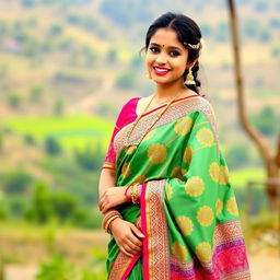 A beautiful Indian girl wearing a traditional saree, standing gracefully with an elegant smile