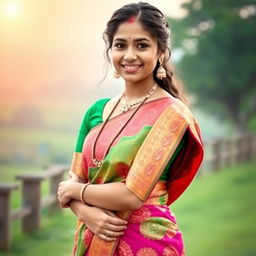 A beautiful Indian girl wearing a traditional saree, standing gracefully with an elegant smile