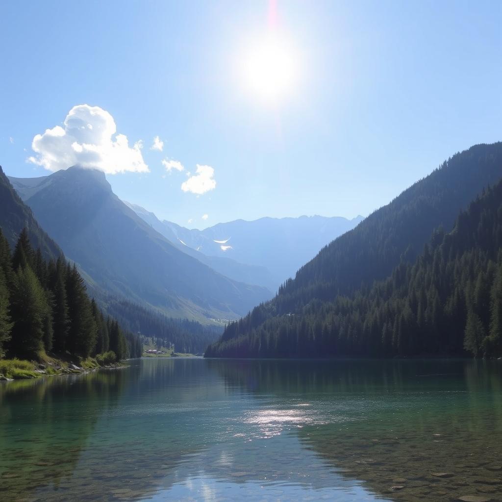 A serene landscape featuring a crystal-clear lake surrounded by lush green forests and snow-capped mountains in the background