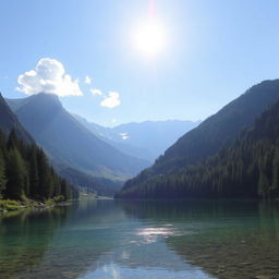 A serene landscape featuring a crystal-clear lake surrounded by lush green forests and snow-capped mountains in the background