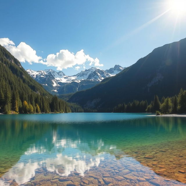 A serene landscape featuring a crystal-clear lake surrounded by lush green forests and snow-capped mountains in the background