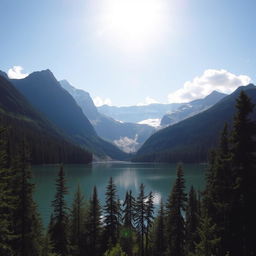 A serene landscape featuring a crystal-clear lake surrounded by lush green forests and snow-capped mountains in the background