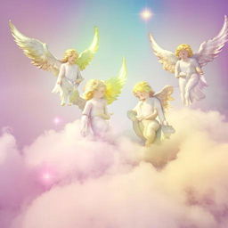 Several serene angels with golden halos and ethereal glowing wings, floating among fluffy white clouds under a radiant, pastel-colored sky.