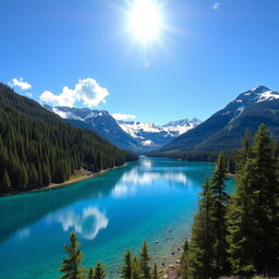 A serene landscape featuring a crystal-clear lake surrounded by lush green forests and snow-capped mountains in the background