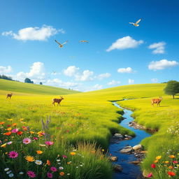 A serene landscape featuring a lush green meadow with colorful wildflowers, a clear blue sky, and a gentle stream flowing through