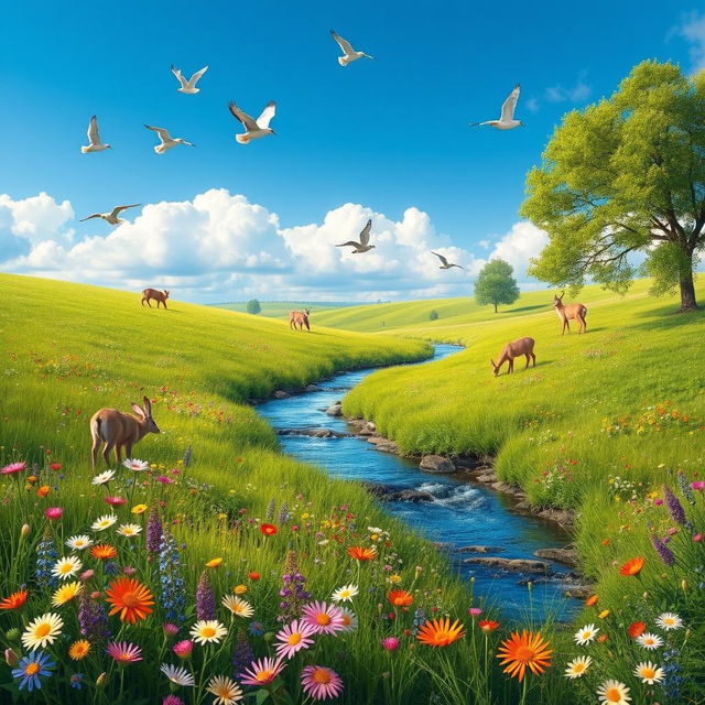 A serene landscape featuring a lush green meadow with colorful wildflowers, a clear blue sky, and a gentle stream flowing through