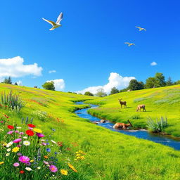 A serene landscape featuring a lush green meadow with colorful wildflowers, a clear blue sky, and a gentle stream flowing through