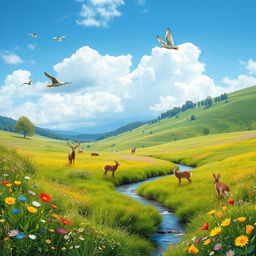 A serene landscape featuring a lush green meadow with colorful wildflowers, a clear blue sky, and a gentle stream flowing through