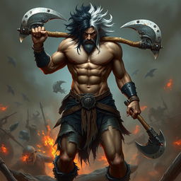 Create an image of a berserker with a muscular build, topless and wearing slightly broken short pants