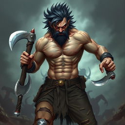 Create an image of a berserker with a muscular build, topless and wearing slightly broken short pants