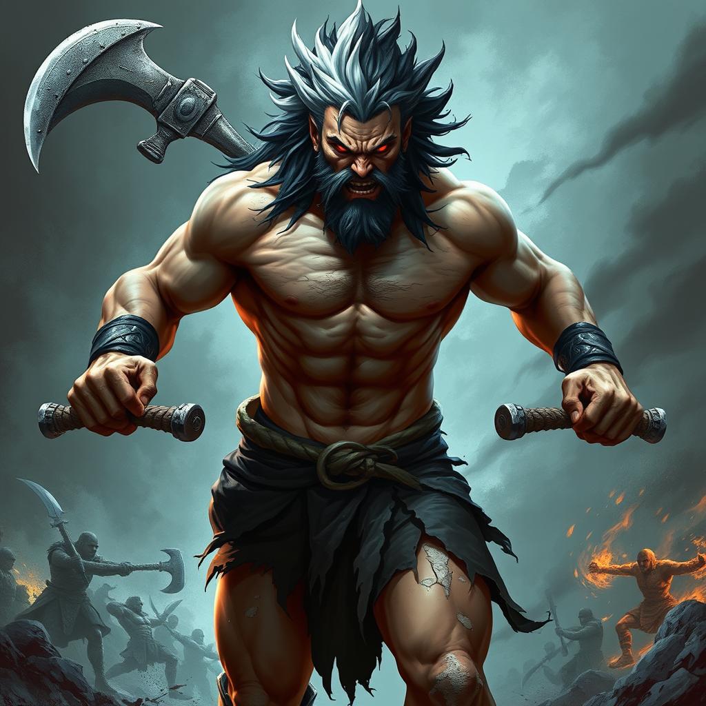 Create an image of a berserker with a muscular build, topless and wearing slightly broken short pants