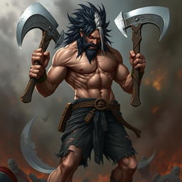 Create an image of a berserker with a muscular build, topless and wearing slightly broken short pants