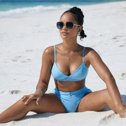 Rihanna relaxing on a beach, garbed in a fashionable summer outfit with the blue ocean and white sand in the background.