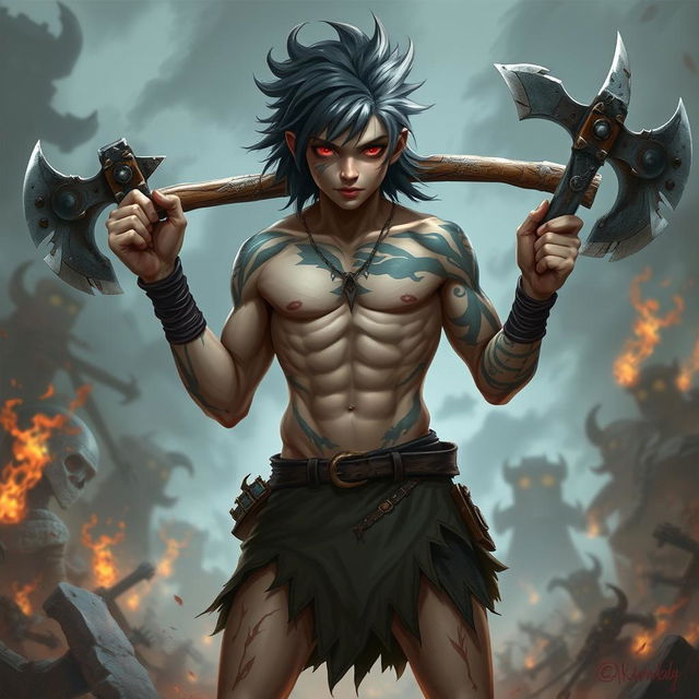 Create an image of a 15-year-old berserker with a muscular build, topless and wearing slightly broken short pants