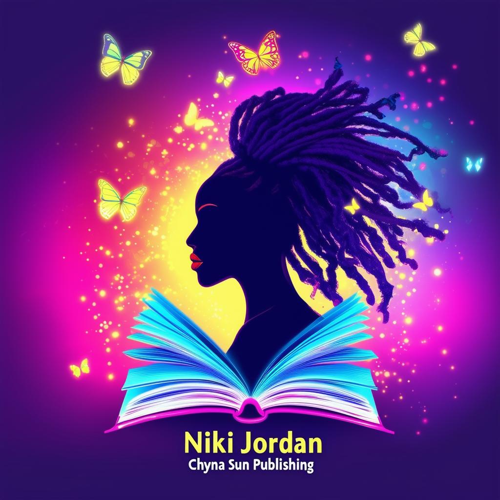 A vibrant and colorful logo for a book cover featuring a silhouette of a woman with flowing dreadlocks, butterflies, an open book, and the names 'Nikki Jordan' and 'Chyna Sun Publishing'