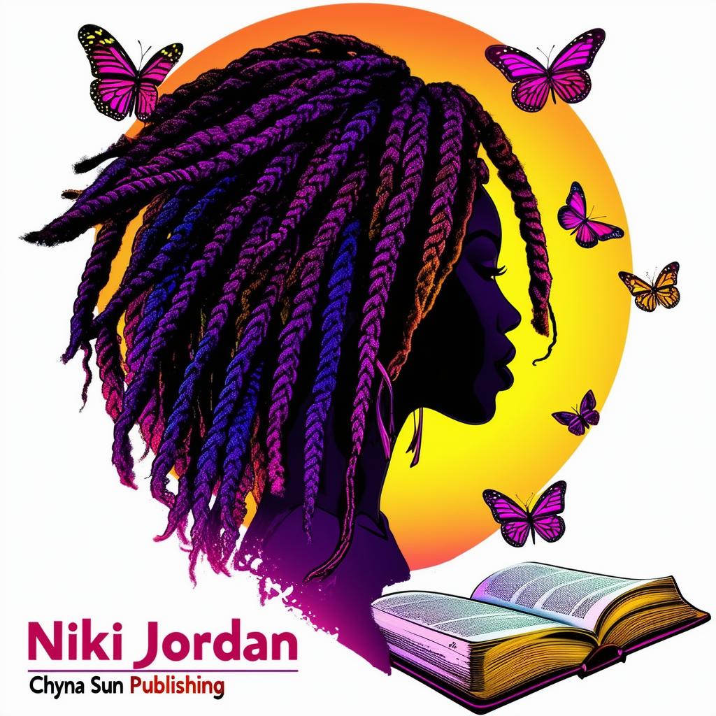 A vibrant and colorful logo for a book cover featuring a silhouette of a woman with dreadlocks, butterflies, a book, and the names 'Nikki Jordan' and 'Chyna Sun Publishing'