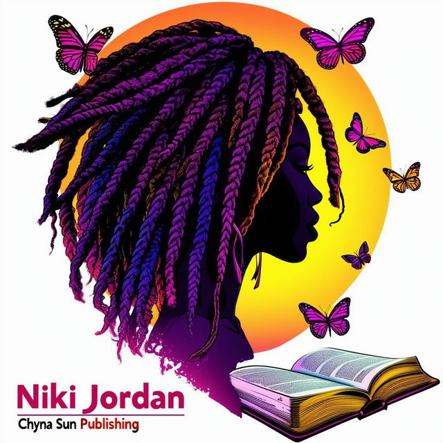 A vibrant and colorful logo for a book cover featuring a silhouette of a woman with dreadlocks, butterflies, a book, and the names 'Nikki Jordan' and 'Chyna Sun Publishing'