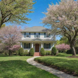 A beautiful, traditional two-story house set in a lush green landscape with blossoming trees out front and a clear blue sky overhead.