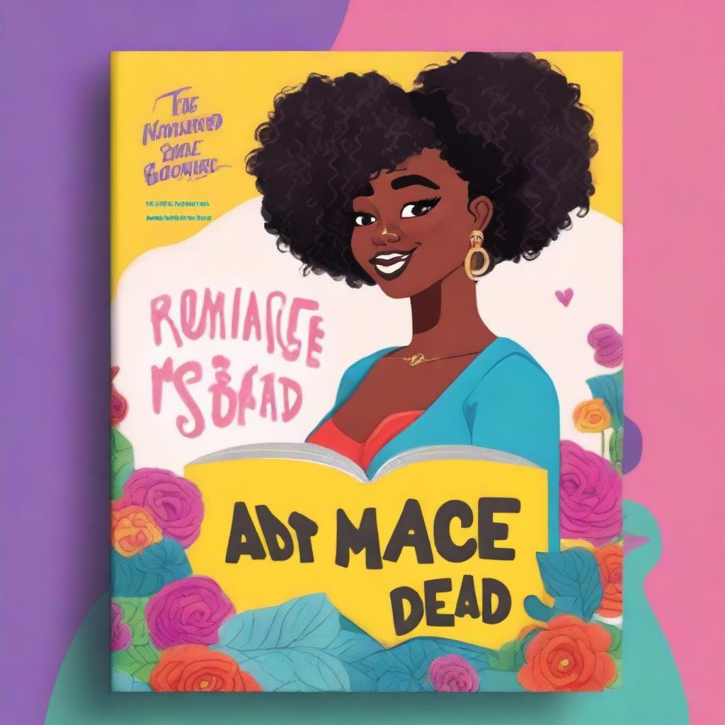 A high-quality animated romance comedy book cover titled 'Romance is not dead' featuring a black woman burying love