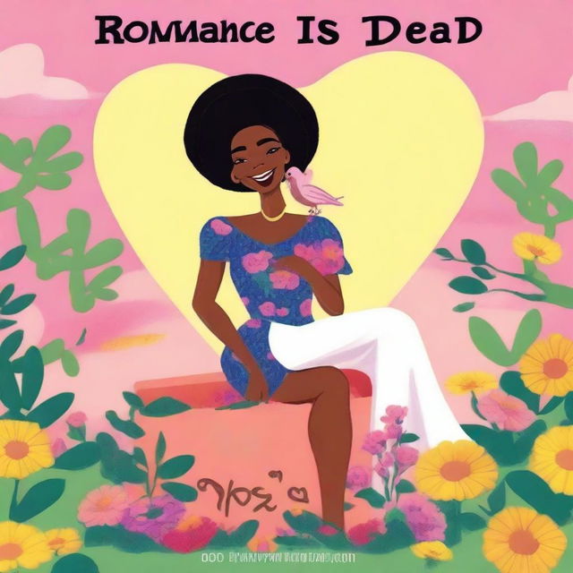 A high-quality animated romance comedy book cover titled 'Romance is not dead' featuring a black woman burying love