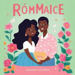 A high-quality animated romance comedy book cover titled 'Romance is not dead' featuring a black woman burying love