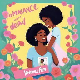 A high-quality animated romance comedy book cover titled 'Romance is not dead' featuring a black woman burying love