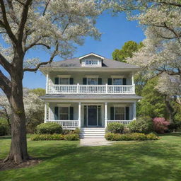 A beautiful, traditional two-story house set in a lush green landscape with blossoming trees out front and a clear blue sky overhead.