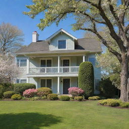 A beautiful, traditional two-story house set in a lush green landscape with blossoming trees out front and a clear blue sky overhead.