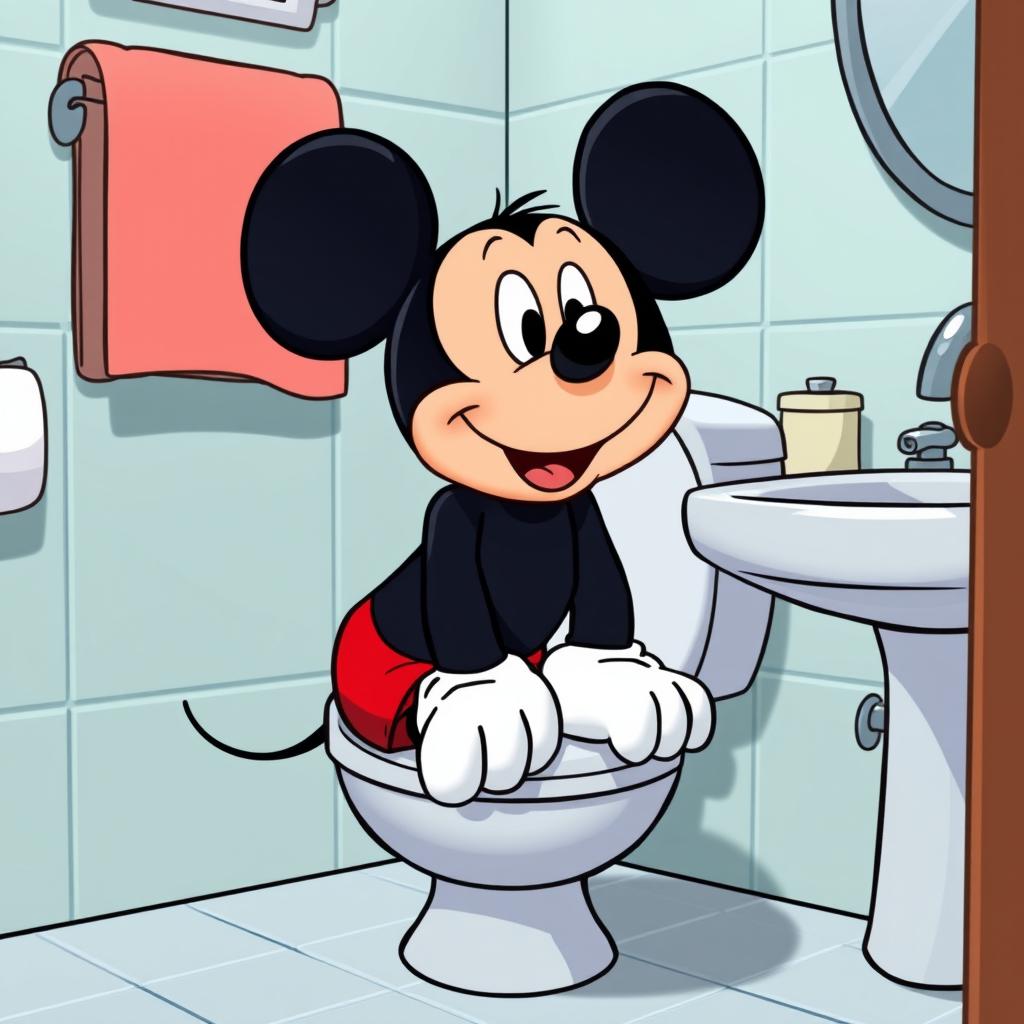 A humorous cartoon image of Mickey Mouse sitting on a toilet in a bathroom setting