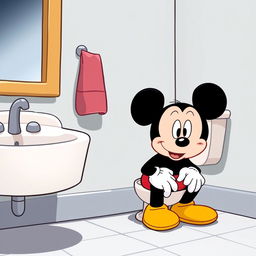 A humorous cartoon image of Mickey Mouse sitting on a toilet in a bathroom setting