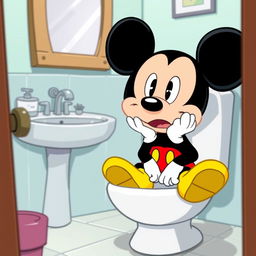 A humorous cartoon image of Mickey Mouse sitting on a toilet in a bathroom setting