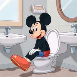 A humorous cartoon image of Mickey Mouse sitting on a toilet in a bathroom setting