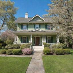 A beautiful, traditional two-story house set in a lush green landscape with blossoming trees out front and a clear blue sky overhead.