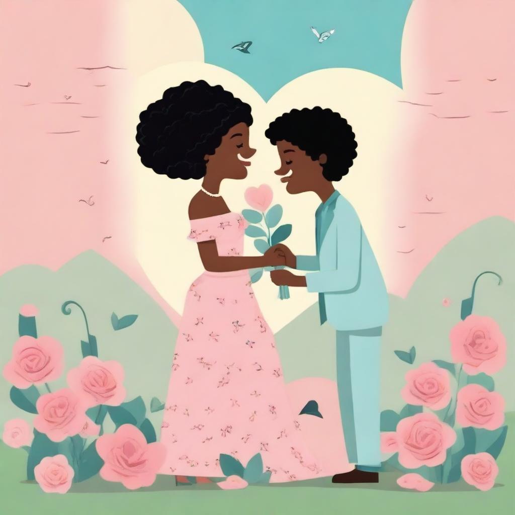 A romantic animated image for a romance comedy titled 'ROMANCE IS NOT DEAD' featuring a black woman burying love