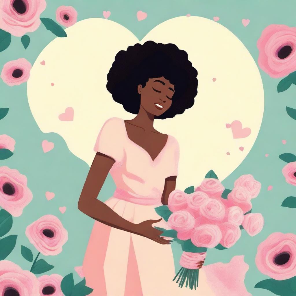 A romantic animated image for a romance comedy titled 'ROMANCE IS NOT DEAD' featuring a black woman burying love