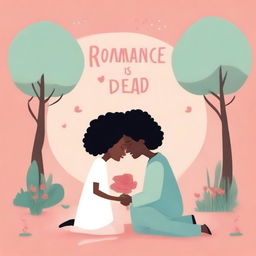 A romantic animated image for a romance comedy titled 'ROMANCE IS NOT DEAD' featuring a black woman burying love