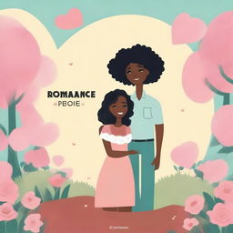 A romantic animated image for a romance comedy titled 'ROMANCE IS NOT DEAD' featuring a black woman burying love