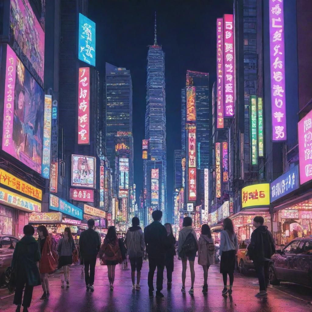 A vibrant anime scene, complete with diverse characters demonstrating different emotions, set against an exquisitely detailed urban backdrop with neon lights and towering structures.