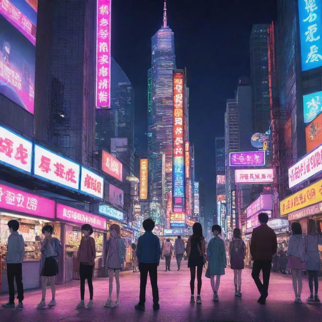 A vibrant anime scene, complete with diverse characters demonstrating different emotions, set against an exquisitely detailed urban backdrop with neon lights and towering structures.