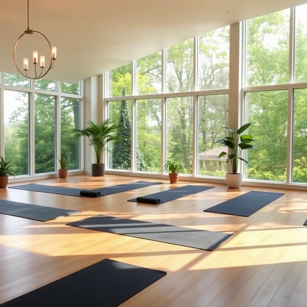 A serene yoga studio with large windows letting in natural light