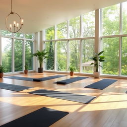 A serene yoga studio with large windows letting in natural light