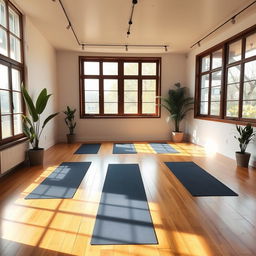 A serene yoga studio with large windows letting in natural light