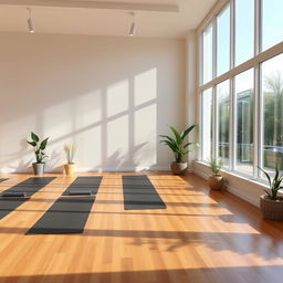 A serene yoga studio with large windows letting in natural light