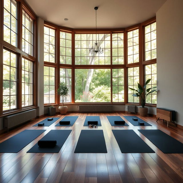 A serene yoga studio with large windows letting in natural light