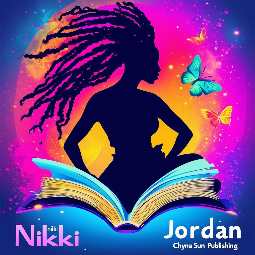 A vibrant and colorful logo for a book cover featuring an open book, a silhouette of a woman with flowing dreadlocks, butterflies, and the names 'Nikki Jordan' and 'Chyna Sun Publishing'