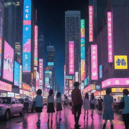 A vibrant anime scene, complete with diverse characters demonstrating different emotions, set against an exquisitely detailed urban backdrop with neon lights and towering structures.